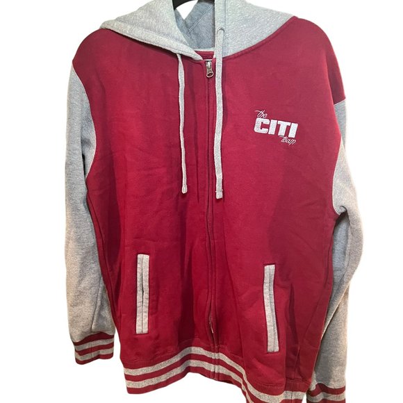 The Citi Team Family First Hooded Jacket Drawstring Full Zip Up Red Gray Medium - Picture 12 of 12